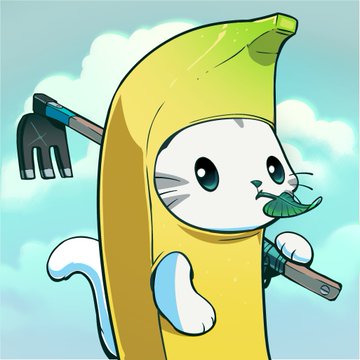 A cartoon illustration of a white cat wearing a yellow banana peel costume, holding a blue rake and a paintbrush