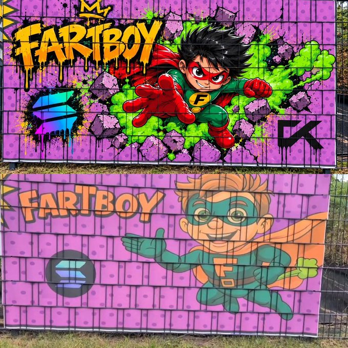 Two vibrant purple banners featuring the cartoon character "FARTBOY" in different superhero costumes, displayed on a fence.