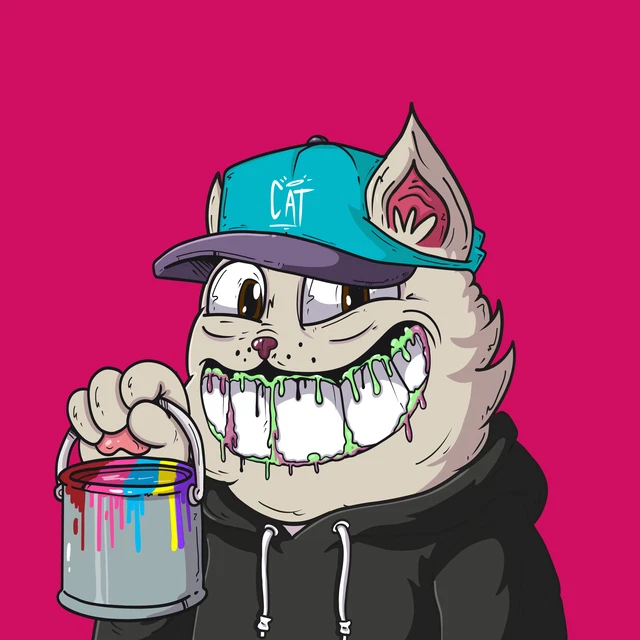 An illustration of a cartoon cat wearing a teal 'CAT' cap with a wide, multicolored grinning smile, holding a paint can with dripping colorful paint against a pink background.