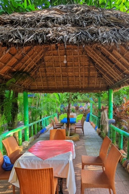 A thatched-roof open-air dining pavilion with colorful plastic tables and chairs set among lush tropical greenery, suggesting an inviting spot for a casual meal. The post's playful tone about someone "waiting" and asking what's being cooked pairs nicely with the relaxed, expectant ambiance of this empty garden restaurant.