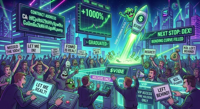 A colorful cartoon illustration depicts a crypto token launch scene with a rocket labeled '$VIBE', a +1000% chart, and a crowd holding signs like 'FOMO IS REAL!' and 'KOL PROMO'.