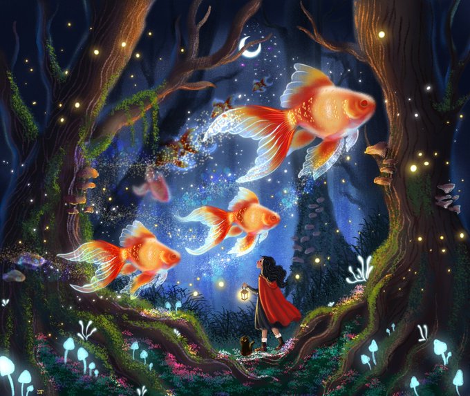 A fantasy illustration of a young girl in a red cloak holding a lantern in an enchanted forest at night, watching magical goldfish swimming through the air among glowing mushrooms and fireflies.