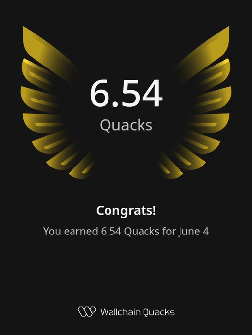 The image features a poster with an illustration of a bird's wing, which has gold and black colors. The text on the poster reads "Congratulations! You earned 6.54 Quacks for June 4". This suggests that the person who posted this content has achieved a certain number of Quacks or points in a game or competition, and they are sharing their accomplishment with others by displaying it prominently on social media platforms like Twitter.