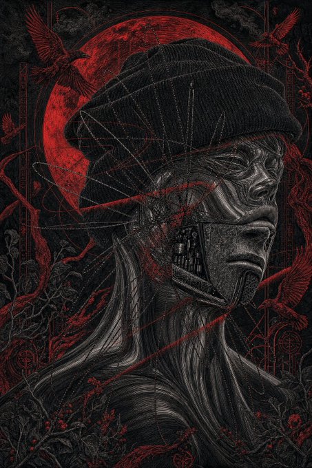 A dark, intricate artwork featuring a profile portrait of a hooded, mechanical figure with red accents, a large red crescent moon in the background, and flying crows.