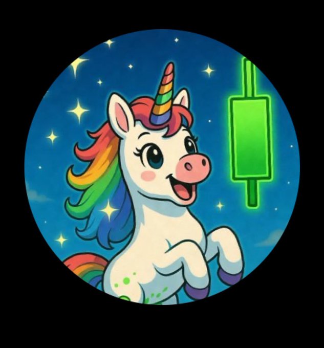 A cheerful cartoon unicorn with a rainbow mane and horn is depicted alongside a glowing green candlestick chart, visualizing the "early hunter" crypto gains suggested in the post. The mythical creature and bright stars reinforce themes of finding rare opportunities, while the green price chart symbolizes the promised "massive upside potential" of the $Broskiz token.