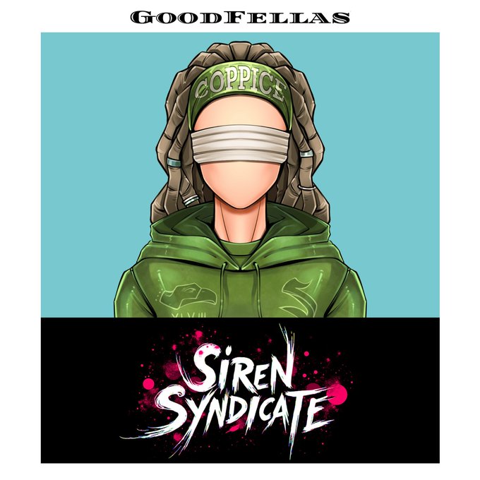 An illustrated character wearing a green hoodie and a 'COPPICE' headband with a blindfold appears above the 'SIREN SYNDICATE' logo, with 'GOODFELLAS' written at the top.