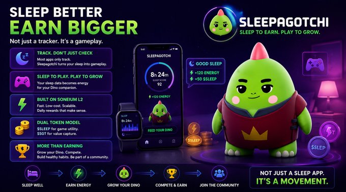 A promotional advertisement for 'SLEEPAGOTCHI' with the tagline 'SLEEP BETTER, EARN BIGGER' and 'Sleep to Earn, Play to Grow,' featuring a green dinosaur character and information about tracking sleep, energy rewards, and a dual token model.