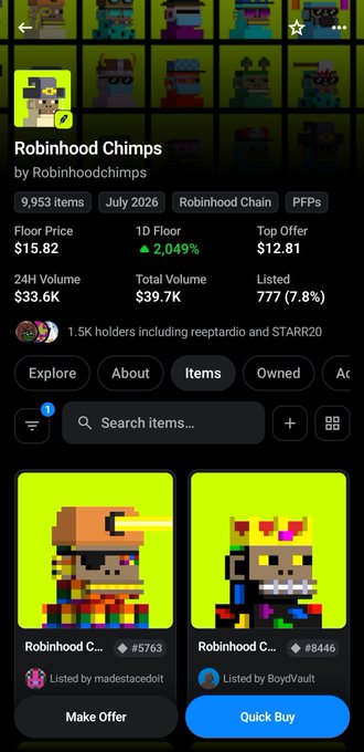 NFT marketplace listing for 'Robinhood Chimps' collection by Robinhoodchimps on Robinhood Chain, with a floor price of $15.82 and 9,953 items, showing pixel-art monkey characters.