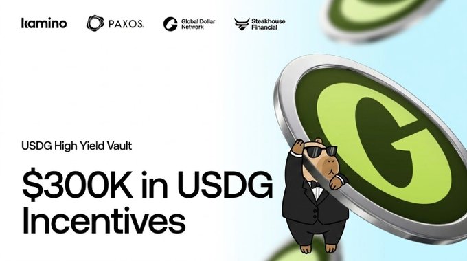 A promotional graphic with logos for Lamina, PAXOS, Global Dollar Network, and Steakhouse Financial, featuring a hippo in a suit holding a coin and text reading 'USDG High Yield Vault $300K in USDG Incentives'.