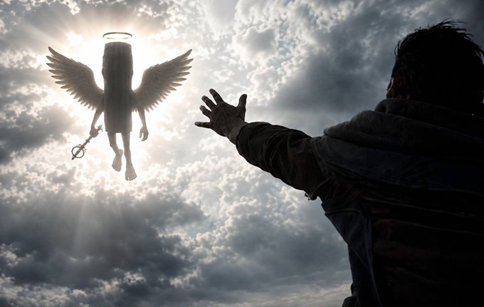 The image features a man with long hair reaching out towards an angelic figure, who appears to be flying through the air above him. The scene takes place against a cloudy sky backdrop, creating a dramatic atmosphere. The caption of the image reads "Focus on what is in the image and how it relates to the post", which suggests that the photo might have been taken or shared as part of a social media post related to the original statement about the meme's virality.