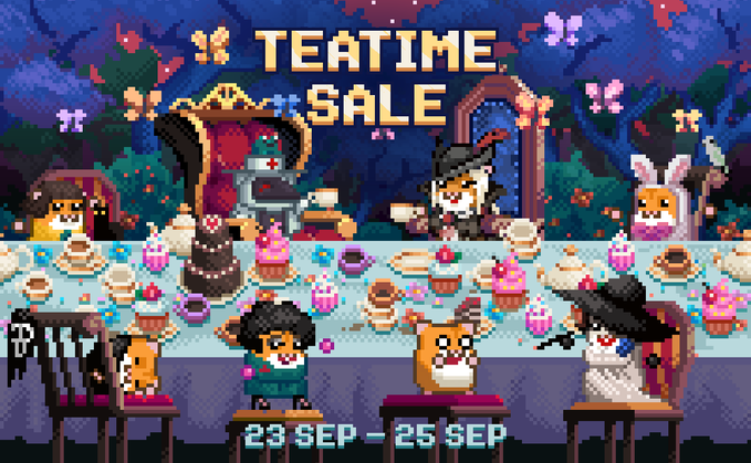 A pixel art promotional banner titled 'TEATIME SALE' featuring cartoon animal characters (dogs and cats) in various costumes around a table filled with tea and desserts, dated '23 SEP - 25 SEP'.