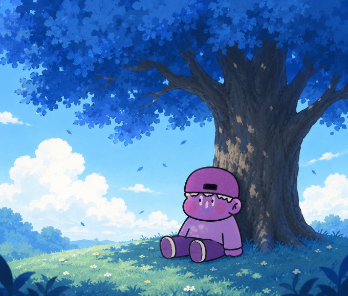 An anime-style illustration of a sad purple-skinned character sitting under a large blue tree, crying with visible tears while wearing a backwards cap.