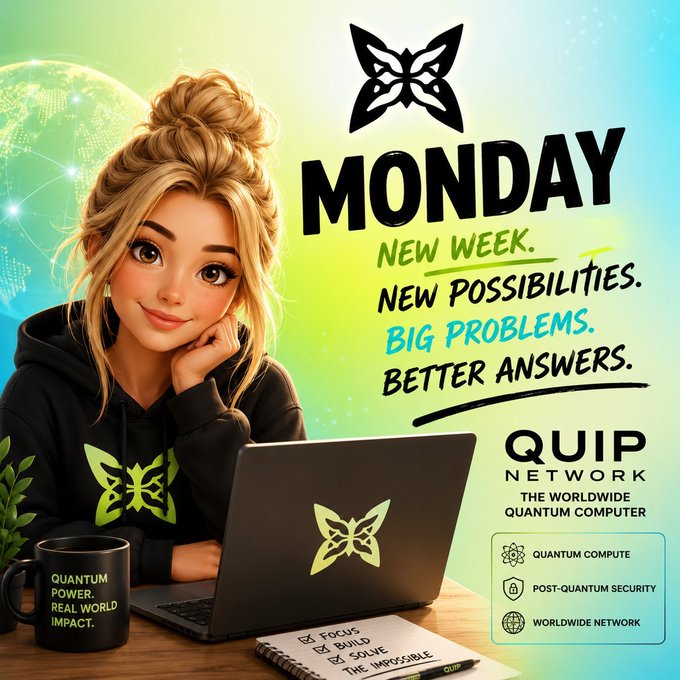 A motivational Monday graphic for QUIP NETWORK featuring a blonde cartoon woman with a laptop and mug reading "QUANTUM POWER. REAL WORLD IMPACT.", promoting their worldwide quantum computer with tags for quantum compute, post-quantum security, and worldwide network.
