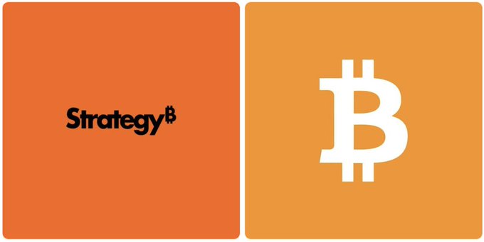 Two side-by-side panels show the "Strategy" company logo on an orange background and the Bitcoin (₿) symbol on a lighter orange background.