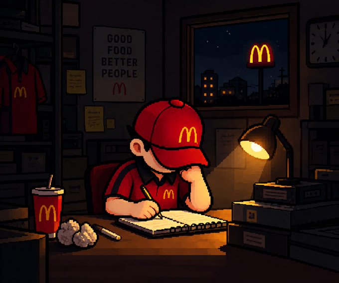 A stylized cartoon illustration of a tired McDonald's employee wearing a red cap and uniform, writing in a notebook at a desk with crumpled papers, a soda cup, and a glowing lamp, with a 'GOOD FOOD BETTER PEOPLE' poster on the wall.
