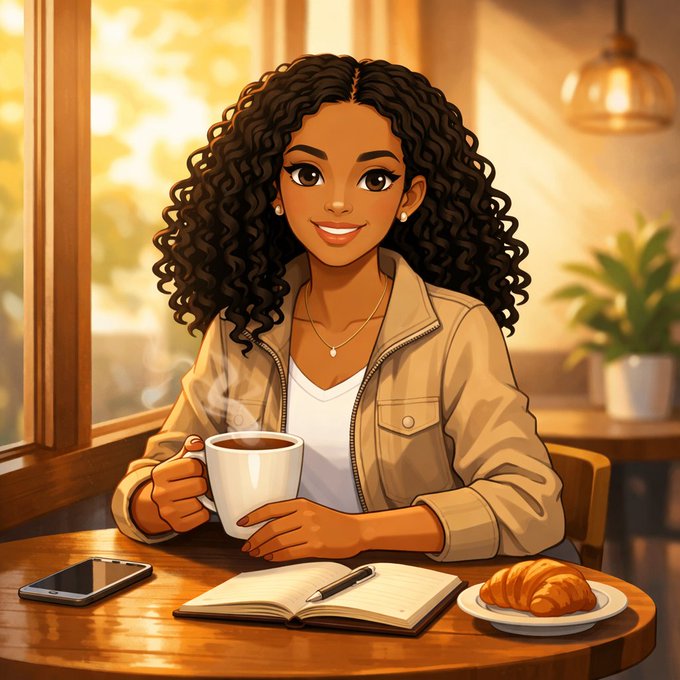 We need to write a concise 1-2 sentence caption describing what is in the image, and include any key text, numbers, tickers, or names visible. The image shows a woman with coffee, croissant, notebook, phone, etc. The accompanying post text includes "Good morning Frens", "Waking up late", "still holding my $ANSEM bag", "chatting with ANIMA on @TheARCTERMINAL", "Congrats to the GOAT", etc. The image itself doesn't have visible text, but the prompt says "Include any key text, numbers, tickers or names visible." The image likely has no visible text; but the accompanying post contains those names. We need to incorporate that context: The image relates to the post about starting the day, holding $ANSEM bag, chatting with ANIMA on @TheARCTERMINAL. So caption could be: "A smiling woman enjoys a coffee and croissant at