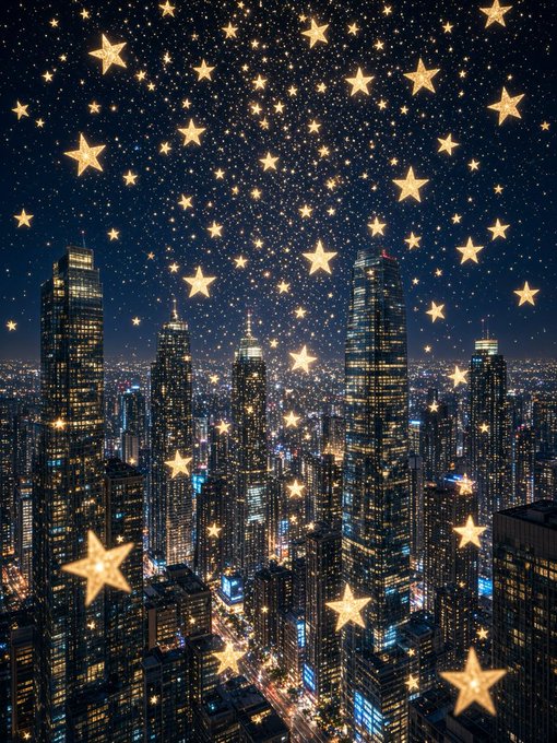 A nighttime cityscape of skyscrapers illuminated against a dark blue sky filled with glowing golden stars.