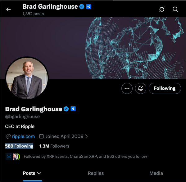 The image shows the X (Twitter) profile page of Brad Garlinghouse (@bgarlinghouse), CEO at Ripple, with 1.3M followers and 1,352 posts, featuring a digital globe banner in teal and a formal headshot. The post caption notes "BG has re pegged to 589," which corresponds to the profile's updated following count of 589 Following, visible in the stats row.