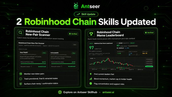 The image is an Antseer skill update announcement titled "2 Robinhood Chain Skills Updated," showcasing two verified tools: the Robinhood Chain New-Pair Scanner (catching newly launched token pairs with momentum-aware tracking, currently scanning Solana tokens created on 2026-01-15, 52/52 confirmed) and the Robinhood Chain Meme Leaderboard (ranking meme tokens by momentum and risk context, highlighting $MOOD with a 97 score and $66.0K market cap), both promoting availability on Antseer Skillhub (antseer.ai).