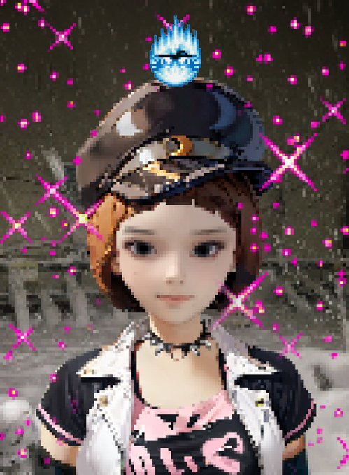 A 3D rendered female avatar character with short brown hair wears a police-style cap and a pink and black outfit, surrounded by pink sparkle effects in a video game setting.