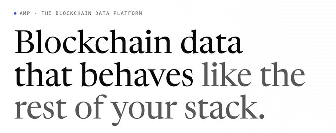 An advertisement for AMP branding it as "THE BLOCKCHAIN DATA PLATFORM" with the tagline "Blockchain data that behaves like the rest of your stack."