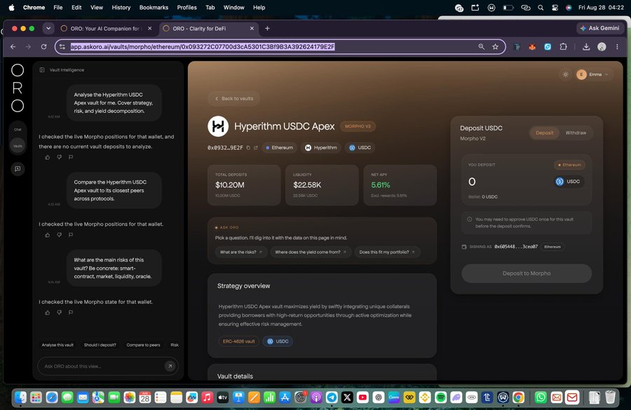 A screenshot of a Chrome browser displaying the ORO AI Companion interface analyzing the Hyperithm USDC Apex vault on Morpho, showing metrics like Total Deposits ($10.20M), Liquidity ($22.58K), and Net APY (5.61%).