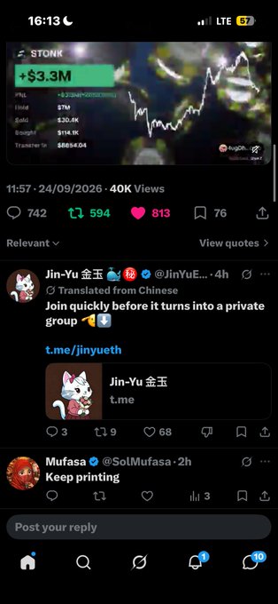 A tweet displays a stock chart with "+33.48% / +$3.30M" in green, followed by a reply from Jin-Yu 金玉 advertising a private group at t.me/jinyueth.