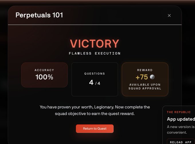 A screenshot of a game or app screen titled 'Perpetuals 101' showing a 'VICTORY - FLAWLESS EXECUTION' message, 100% accuracy, 4/4 questions answered, and a reward of +75 coins pending squad approval.
