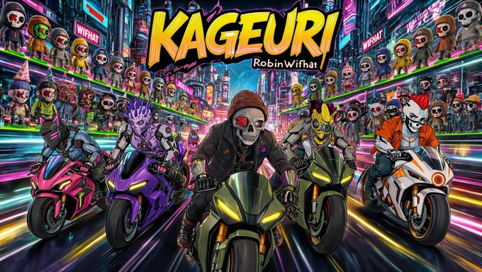 Vibrant cover art titled "KAGEURI Robin Wifhat" depicting various masked and costumed characters riding motorcycles through a neon-lit city street.