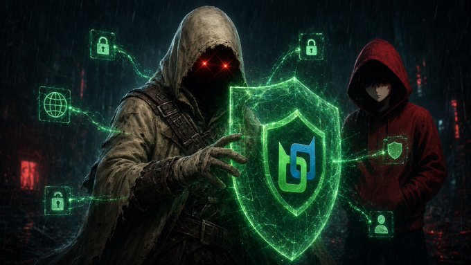 A digital artwork depicting a hooded figure with red glowing eyes holding a glowing green shield with a logo, accompanied by another hooded figure in red, surrounded by floating icons of locks, a globe, and shields.