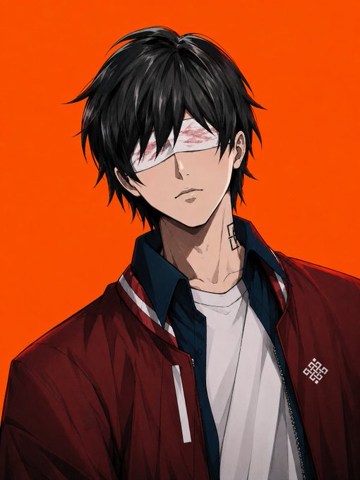 An anime-style portrait of a young man with messy black hair and a bandaged eye, wearing a red jacket against a solid orange background.