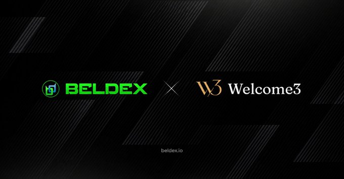A dark promotional graphic featuring the Beldex logo (green) and Welcome3 logo (gold) separated by an "X," with "beldex.io" displayed at the bottom, visually announcing their partnership to expand privacy infrastructure in the AI and web3 space.