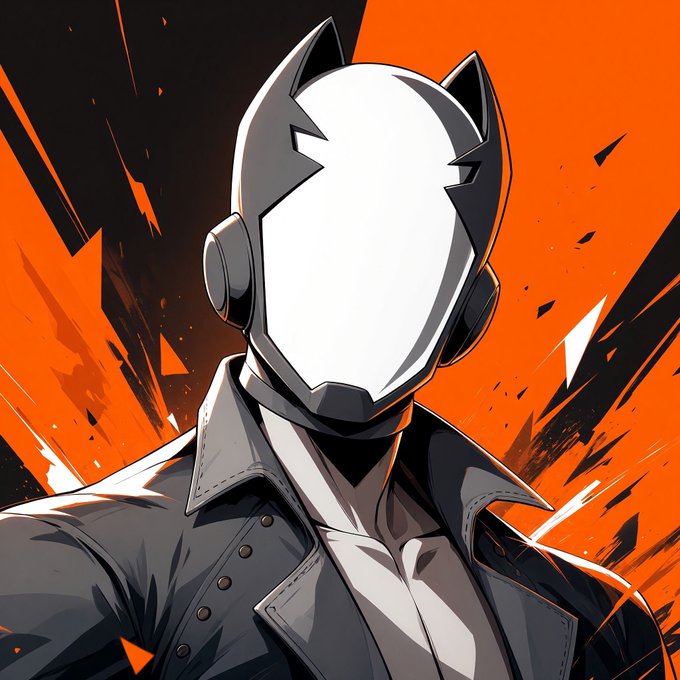 An anime-style illustration of a figure in a black suit and a featureless white cat-eared helmet against an orange and black background.