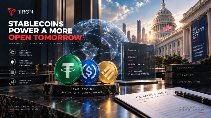 A promotional banner by TRON titled 'STABLECOINS POWER A MORE OPEN TOMORROW', featuring three stablecoin tokens (Tether, USDC, Binance USD) against a backdrop of the U.S. Capitol building and references to 'THE CLARITY ACT'.