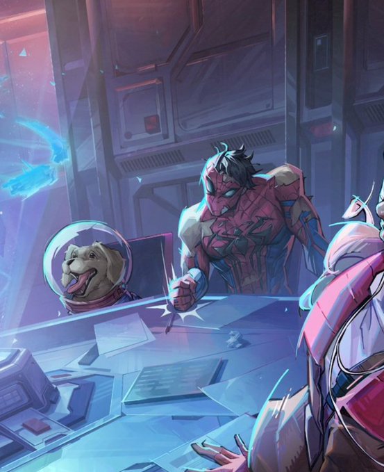 Spider-Man angrily grips a table while the small dog Cosmos peers out from an astronaut helmet on the desk, matching the post's reference to an upset "Petey" and the beloved space pup Cosmos.