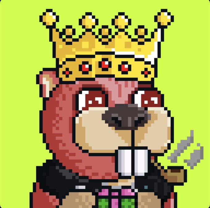 A pixel art illustration of a crowned beaver character with prominent buck teeth holding a small shovel, set against a bright green background, accompanying a giveaway announcement for NFT spots from Robin Bandits.