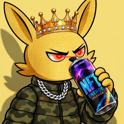 An illustration of an angry yellow fox-like character wearing a gold crown and camo jacket, drinking from an 'NFT ENERGY EXPLOSION' can with a galaxy design against a yellow background.