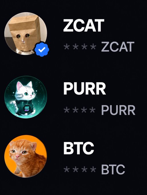 A dark-themed profile card displays three circular avatars labeled "ZCAT," "PURR," and "BTC," each shown alongside a four-star rating. The image ties into a post promoting ways to earn crypto tokens—$ZEC via $ZCAT, $HYPE via $HYPURR, and $BTC via $BUYTHECAT—by holding specific memecoins.