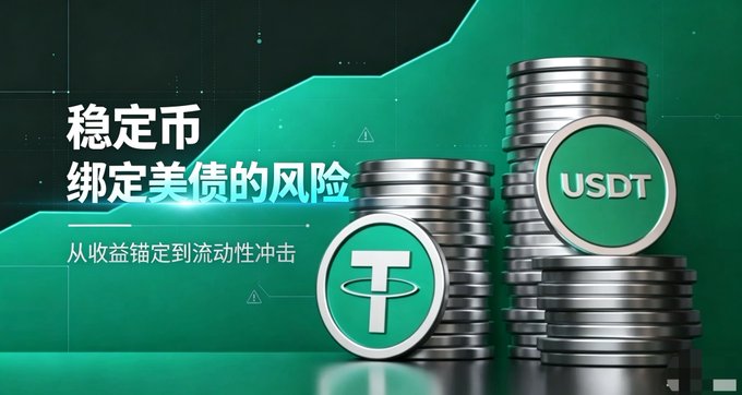 A Chinese graphic about USDT (Tether) stablecoin with text '稳定币绑定美债的风险' (Risks of stablecoins pegged to US debt) and '从收益锚定到流动性冲击' (From yield anchoring to liquidity shock), featuring stacked silver coins and USDT logos.