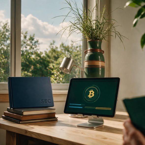 A stylized scene of a wooden desk near a window with a potted plant, featuring a tablet displaying a Bitcoin logo, a laptop labeled 'SEC', and a person holding an object in the foreground.