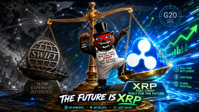 A dramatic promotional image shows an anthropomorphic XRP mascot wearing a top hat and a shirt reading "Laugh now, but one day XRP will power the World!" standing on a scale, tipping it against a chained SWIFT globe labeled "SLOW. EXPENSIVE. OUTDATED," while a glowing XRP logo and rising chart highlight "FAST. CHEAP. BUILT FOR THE FUTURE" alongside G20 Target 2025 and features like "REAL-TIME SETTLEMENT," "LOW FEES," and "GLOBAL ADOPTION."

The image visually reinforces the post's G20 showdown narrative by contrasting XRP's speed and low cost against SWIFT's outdated, expensive system, framing XRP as the superior rails for meeting international payment targets.