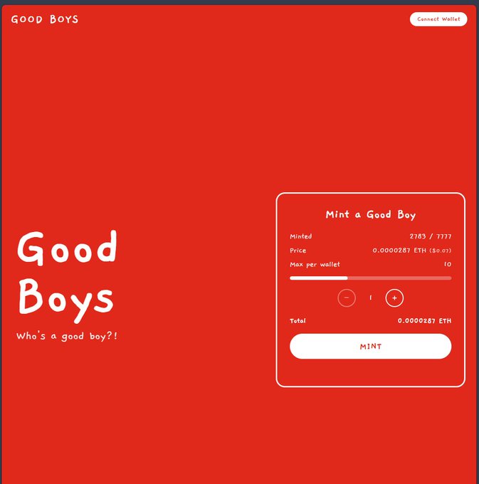 The image shows a red-themed NFT minting interface for a collection called "Good Boys" with the tagline "Who's a good boy?!", displaying 2783/7777 minted at a price of 0.0000287 ETH and a max of 10 per wallet, linking to good-boys.fly.dev. The minting page directly relates to the post, which discusses minting all 10 NFTs at around $0.70 each and monitoring the collection's mint progress to decide when to take profit.