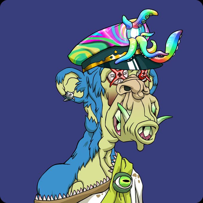 A cartoon-style digital illustration of a grotesque, monstrous character with blue hair, sharp teeth, and bloodshot eyes, wearing a colorful military-style cap with rainbow-colored tentacles and green accents.