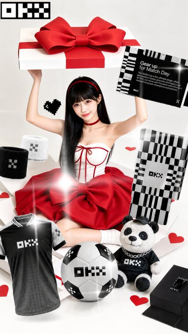 A promotional image for OKX featuring a woman in a red and white dress holding a large gift box, surrounded by soccer-themed merchandise like a soccer ball and jerseys.