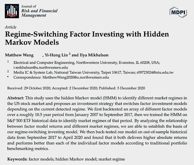 First page of an academic article titled 'Regime-Switching Factor Investing with Hidden Markov Models' by Matthew Wang, Yi-Hong Lin, and Ilya Mikhelson, published in the Journal of Risk and Financial Management (MDPI) on 5 December 2020.