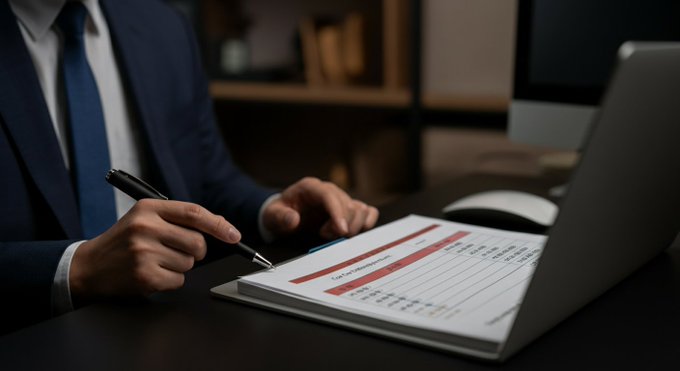 A businessman in a dark suit and tie reviews a document with red-highlighted sections while holding a pen at his desk. The image visually underscores the urgency of the post's warning about Ethereum core developer funding potentially running out within months, evoking themes of financial scrutiny and critical decision-making.