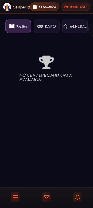 The image shows a mobile app interface with the username "SempaiHQ" at the top and the ticker "SYM...BDU" displayed. It features navigation tabs labeled "Reading," "KAITO," and "GENERAL," with a central message reading "NO LEADERBOARD DATA AVAILABLE" beneath a trophy icon, suggesting an empty leaderboard section related to the user's off-day activities like reading and app submissions mentioned in the post.