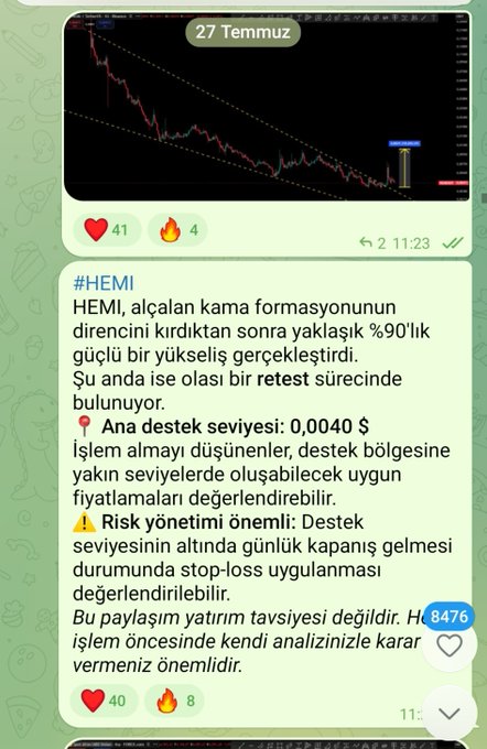 The image shows a Telegram post about $HEMI crypto, featuring a descending wedge chart pattern on July 27 ("27 Temmuz") with analysis indicating a retest near the key support level of $0.0040 and stop-loss recommendation below support. The post, which received 40 hearts and 8 fire emojis, celebrates the ~50% gain on HEMI consistent with the bullish breakout signaled in the technical analysis.