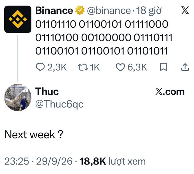 Binance's official X account posted a cryptic message made entirely of binary code, which user @Thuc6qc ("Thục") guessed was teasing a "Next week?" announcement. The context caption jokes that Binance is "playing hide and seek," suggesting the binary message likely conceals an upcoming reveal or product launch that Thục accurately anticipated.