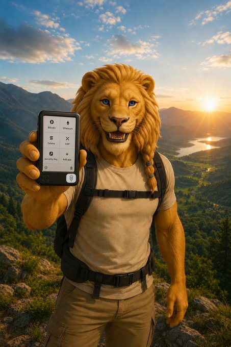 A digital artwork of an anthropomorphic lion with a braided mane wearing a backpack and holding up a smartphone displaying an app interface, set against a mountain landscape at sunset.